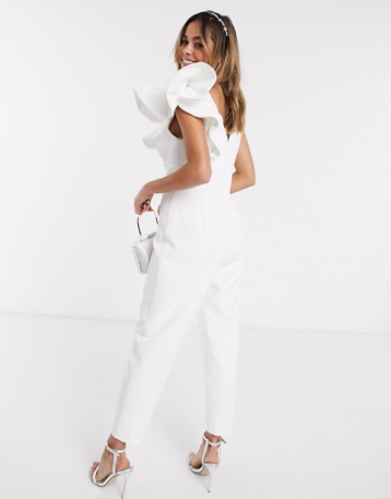 Forever New elevated ruffle shoulder jumpsuit in white - Image 2