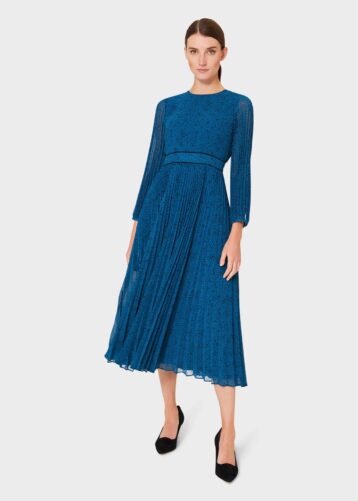 Hobbs Isabella Spot Pleated Midi Dress Blue