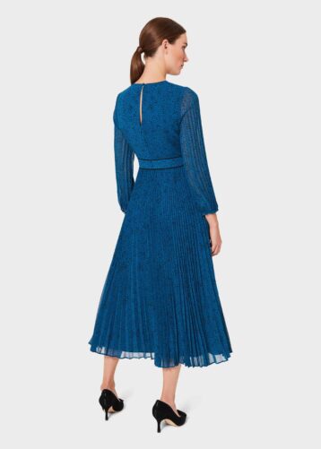 Hobbs Isabella Spot Pleated Midi Dress Blue