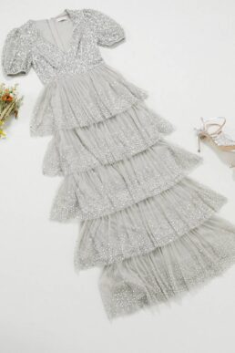 Maya Bridesmaid delicate sequin tiered ruffle maxi dress in silver