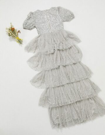 Maya Bridesmaid delicate sequin tiered ruffle maxi dress in silver - Image 2