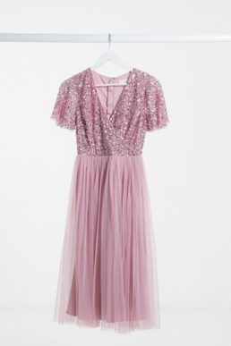 Maya Bridesmaid wrap front delicate sequin midi dress with tulle skirt in pink