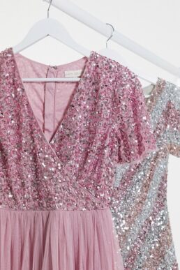 Maya Bridesmaid wrap front delicate sequin midi dress with tulle skirt in pink