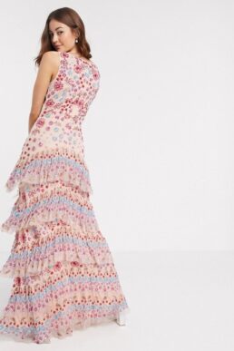 Maya premium contrast embellished ruffle tiered maxi dress in multi cream