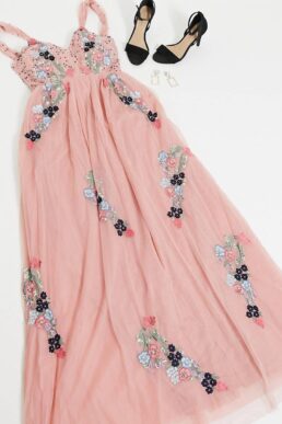 Maya Tall plunge front contrast floral embellished maxi dress in pink