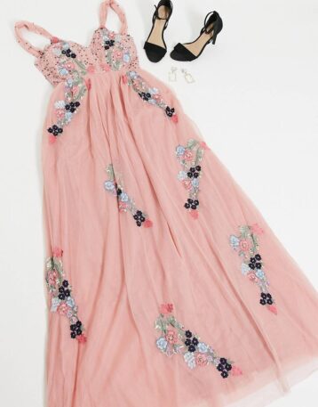 Maya Tall plunge front contrast floral embellished maxi dress in pink