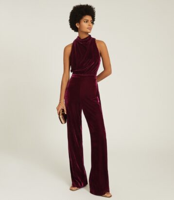 Reiss Joan Berry Velvet High Neck Jumpsuit Deep Red