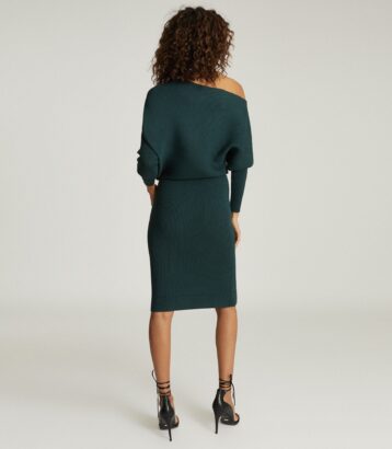 Reiss Lara Off The Shoulder Knitted Shift Dress, Green - Image 2