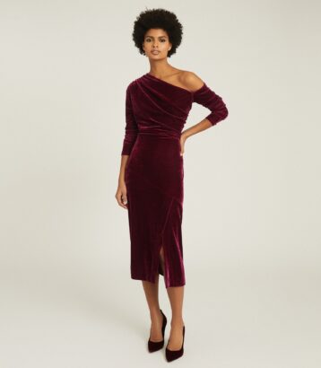 Reiss Bella velvet midi dress berry red purple