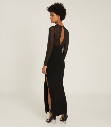 Reiss Sabrina Black Maxi Dress With Semi Sheer Panelling