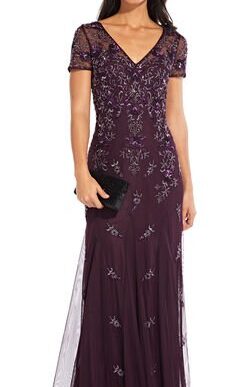 Adrianna Papell Short Sleeve Godet Beaded Long Dress Night Plum Purple