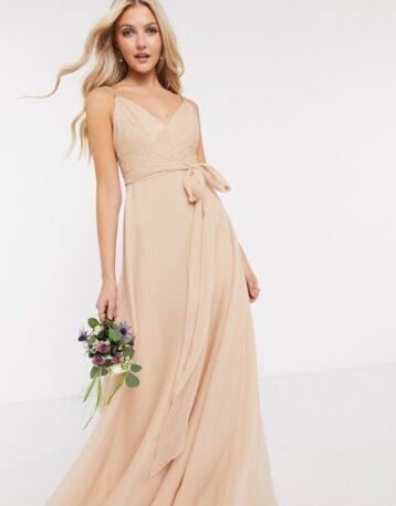 ASOS DESIGN Bridesmaid cami maxi dress with ruched bodice and tie waist in sand nude