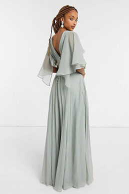 ASOS DESIGN Bridesmaid ruched bodice drape maxi dress wrap waist flutter cape Olive Sage Green