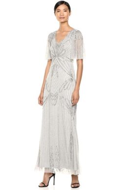 Adrianna Papell Beaded Mermaid Dress with Flutter Sleeves Bridal Silver