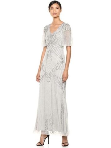 Adrianna Papell Beaded Mermaid Dress with Flutter Sleeves Bridal Silver