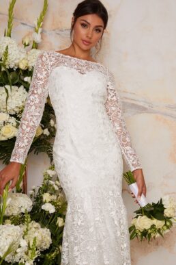 Chi Chi Bridal Josette Lace Sleeve Dress White
