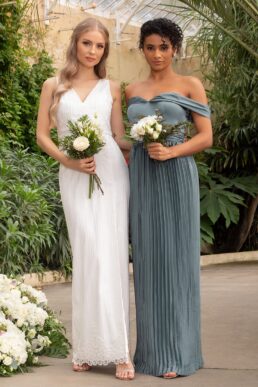 Chi Chi Lauren Bardot Pleated Maxi Bridesmaid Dress Sage Green
