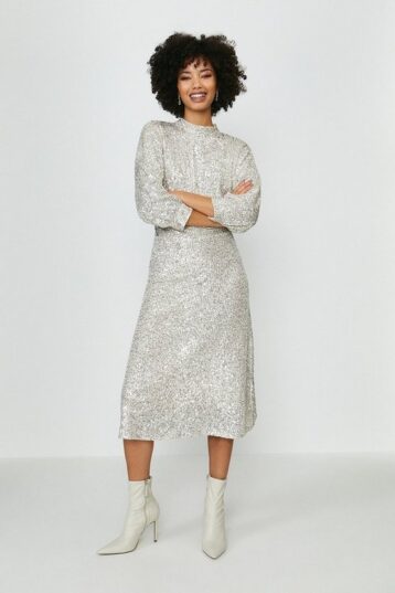 Coast Blouson Sleeve Sequin Midi Dress Silver