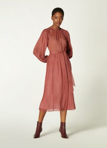 L.K.Bennett Felix Pink Devoré Spot Pleated Dress