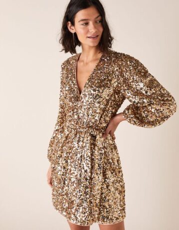 Monsoon Jennifer sequin stretch wrap dress gold