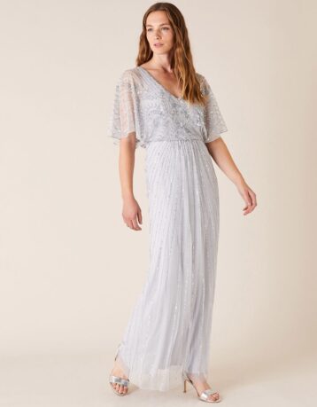 Monsoon Tabitha Embellished Maxi Dress Silver Light Grey