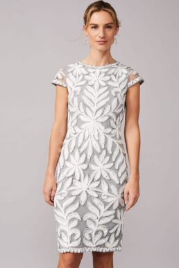 Phase Eight Isobel Tapework Lace Fitted Dress, Mineral Pale Blue Ivory Grey