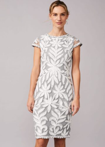 Phase Eight Isobel Tapework Lace Fitted Dress, Mineral Pale Blue Ivory Grey