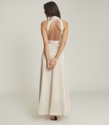 Reiss Keira Open Back Belted Maxi Dress Champagne Cream Metallic