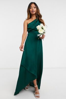 TFNC Bridesmaid one shoulder maxi dress in green