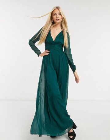 ASOS DESIGN Bridesmaid ruched waist maxi dress with long sleeves pleat skirt green