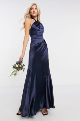 ASOS DESIGN Bridesmaid satin halter maxi dress with panelled skirt navy