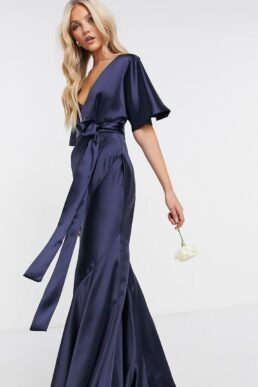 ASOS DESIGN Bridesmaid satin kimono sleeve maxi dress panelled skirt belt Navy