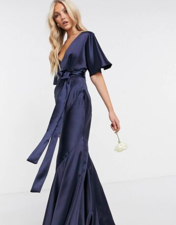 ASOS DESIGN Bridesmaid satin kimono sleeve maxi dress panelled skirt belt Navy