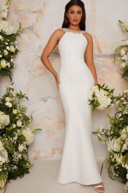 Bridal Scoop Neck Ruffle Bow Maxi Dress in White