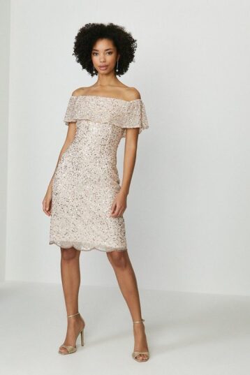 Coast Sequin Embellished Bardot Dress Light pink blush