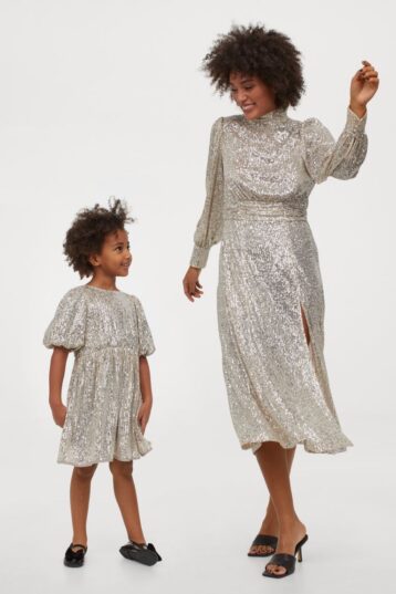 H&M Puff-sleeved sequined dress Silver