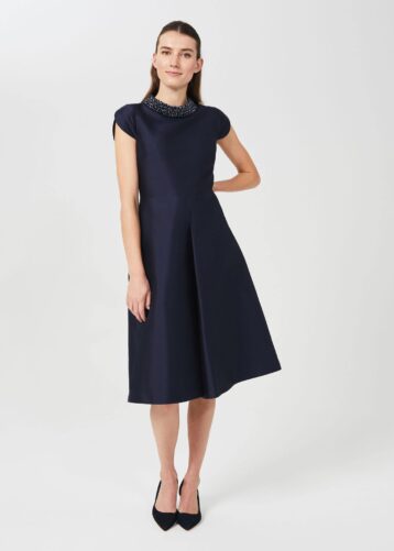 Hobbs Christie Silk Wool Embellished Dress Navy Blue