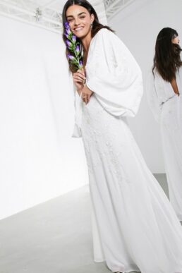 ASOS EDITION Lisa drape sleeve plunge wedding dress with floral embellishment Ivory
