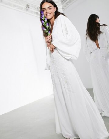 ASOS EDITION Lisa drape sleeve plunge wedding dress with floral embellishment Ivory