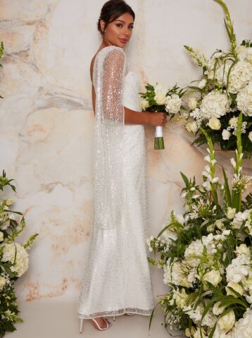 Chi Chi Bridal Abby Sequin One Shoulder Cape Wedding Dress, Dress - Image 2