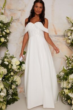Chi Chi Bridal Vicki Sequin Off The Shoulder Wedding Dress White