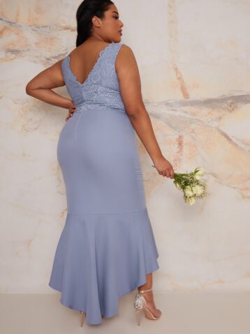 Chi Chi Curve Lace Bodycon Bridesmaid Dress With Peplum Hem In Blue/Lilac - Image 2