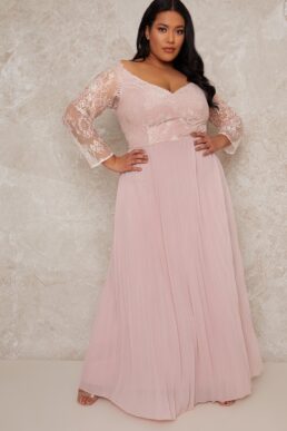 Chi Chi Curve Lace Bridesmaid Maxi Dress With Long Sleeves In Pink Blush