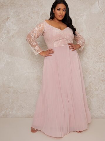 Chi Chi Curve Lace Bridesmaid Maxi Dress With Long Sleeves In Pink Blush