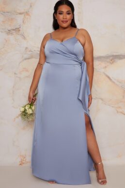 Chi Chi Curve Satin Bridesmaid Cami Wrap Style Maxi Dress In Blue Lilac