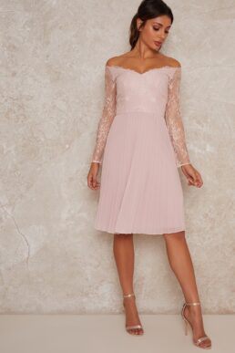 Chi Chi Lace Bardot Midi Bridesmaid Dress In Pink Blush