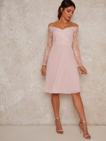 Chi Chi Lace Bardot Midi Bridesmaid Dress In Pink Blush