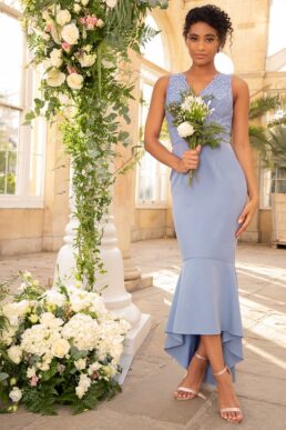 Chi Chi Lace Bodycon Bridesmaid Dress With Peplum Hem In Blue Lilac