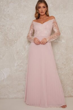 Chi Chi Lace Bridesmaid Maxi Dress With Long Sleeves In Pink Blush