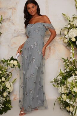 Chi Chi Lucy 3D Petal Off The Shoulder Maxi Dress Sage Green